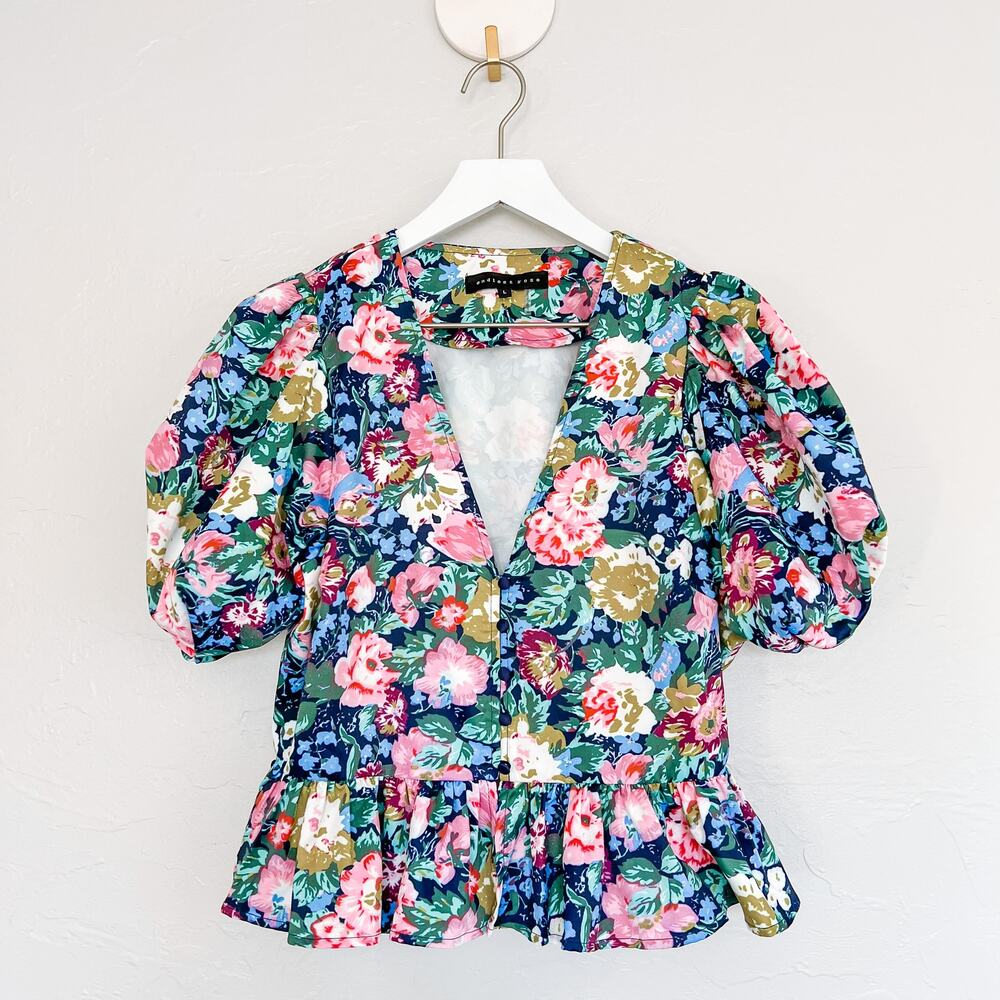 Endless Rose Floral Puff Sleeve Peplum Top Large Coquette Cottagecore